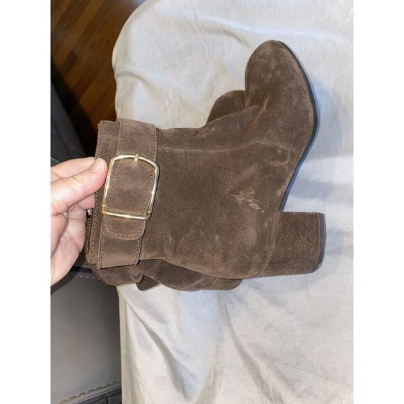 C La Canadienne Jesse Women's 9.5 M Brown Suede Buckle Strap Block Bootie Boots - Picture 4 of 8